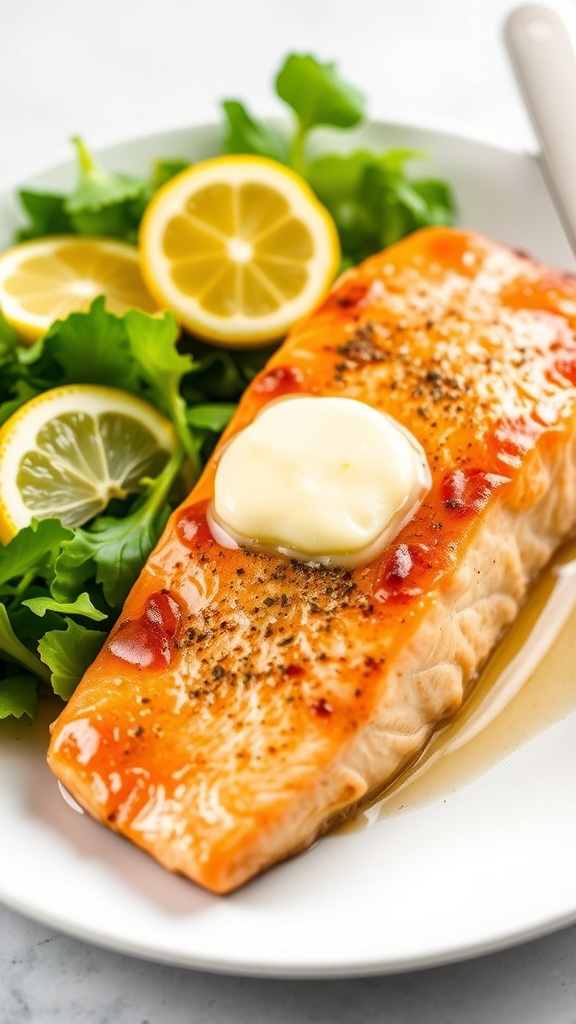 Simple 2-Ingredient Baked Salmon Recipe Baked salmon fillet with crispy skin and lemon wedges on a white plate.